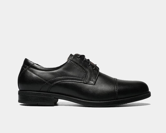 A black leather Oxford shoe with a cap toe style and lace-up closure.