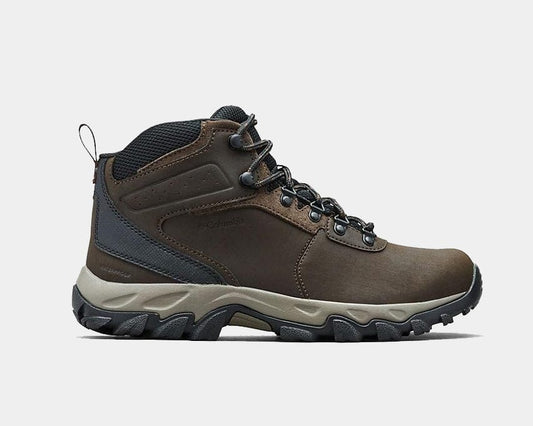 A pair of brown Columbia Newton Ridge Plus II Waterproof boots with lace-up closure, designed for hiking.