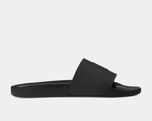 A black Ralph Lauren signature slide with an EVA footbed and textured outsole, featuring the Polo Pony at the top.
