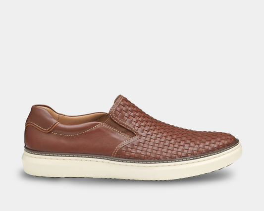 Tan woven slip-on shoe with white sole