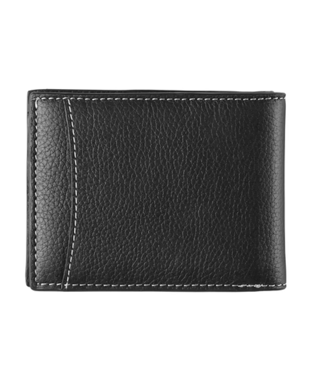A black pebbled leather billfold wallet with contrast topstitching.