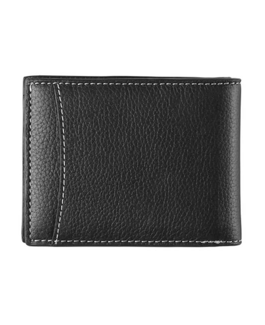 A black pebbled leather billfold wallet with contrast topstitching.