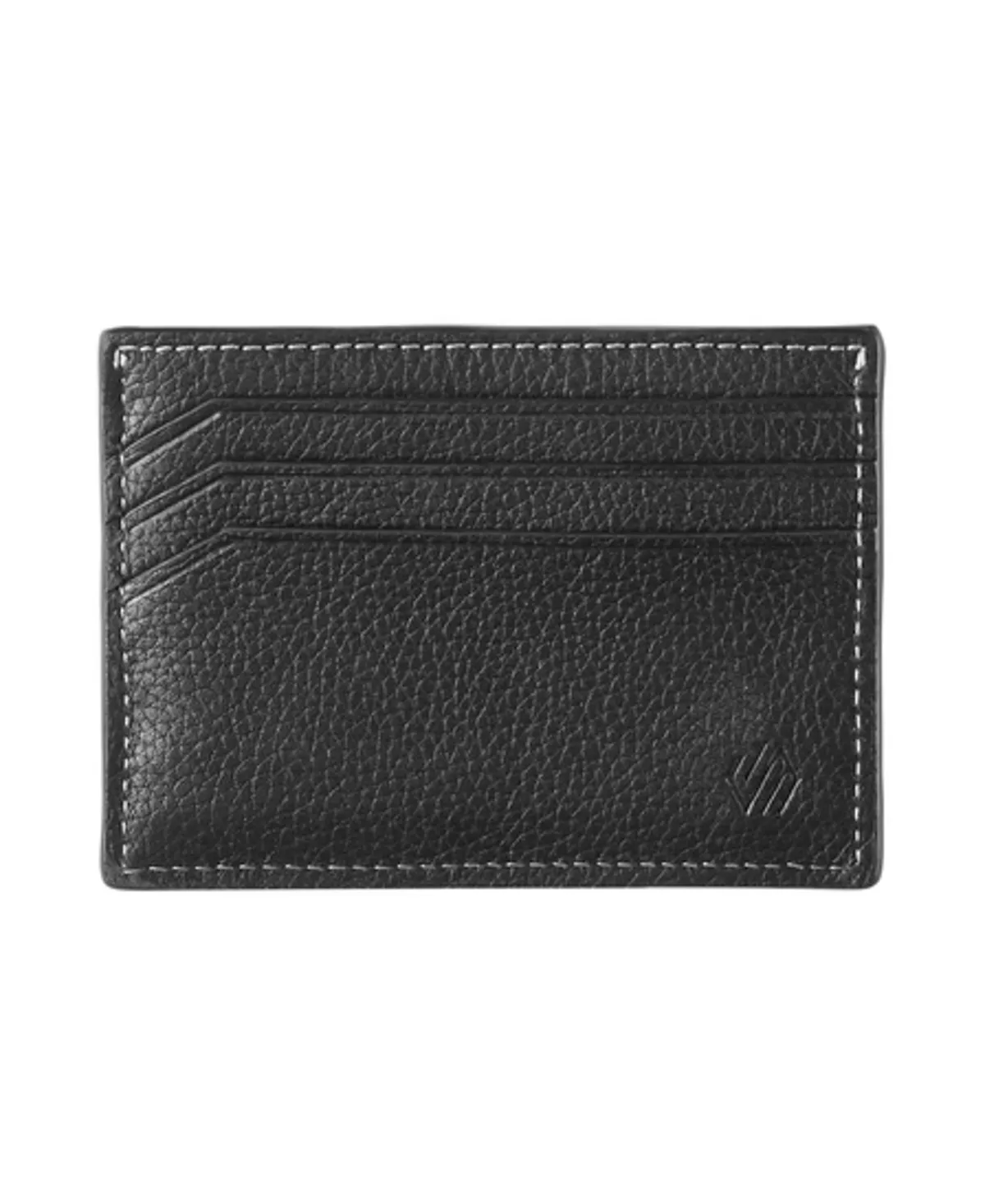 A black leather card case with multiple card slots and RFID blocking shield, featuring a thumb-slide ID window and contrast topstitching.