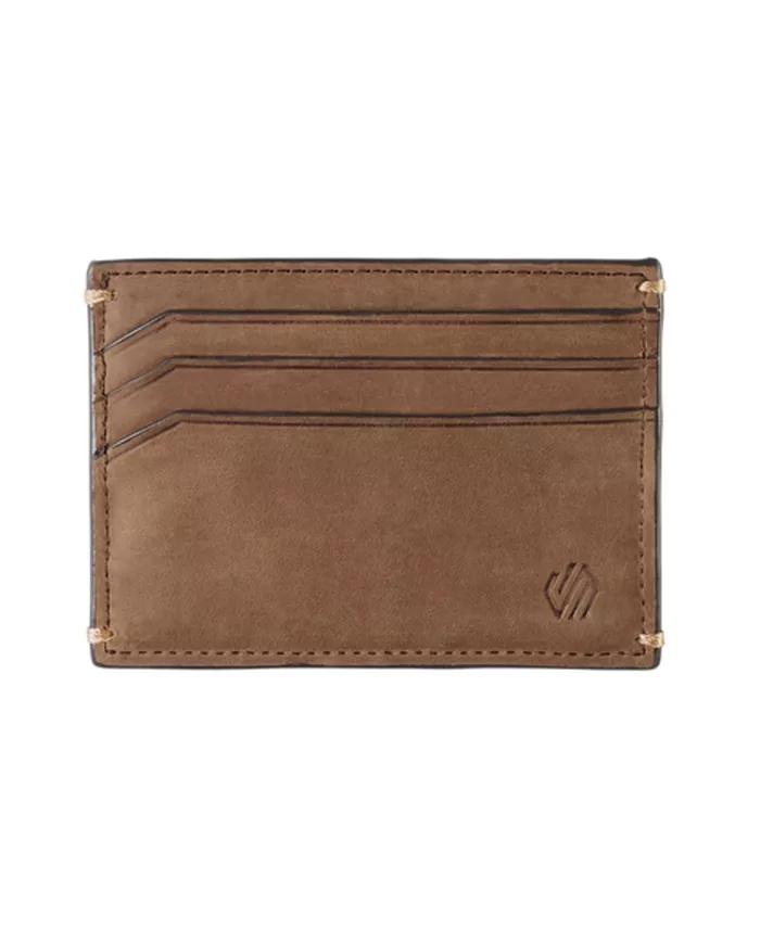 A brown leather card case with multiple card slots and RFID blocking, displayed against a plain background.