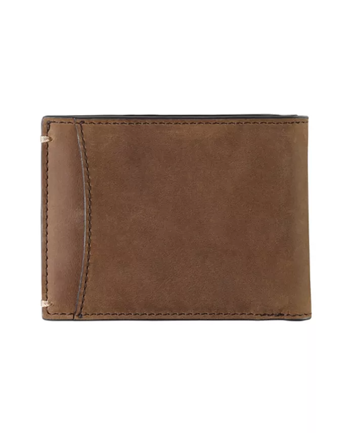 A brown oil-tanned leather wallet with multiple card slots and an ID window, featuring RFID-blocking technology.