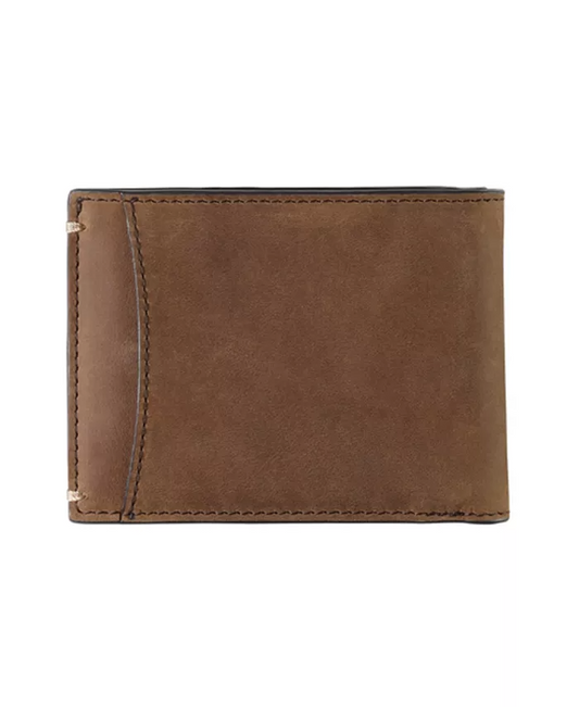 A brown oil-tanned leather wallet with multiple card slots and an ID window, featuring RFID-blocking technology.