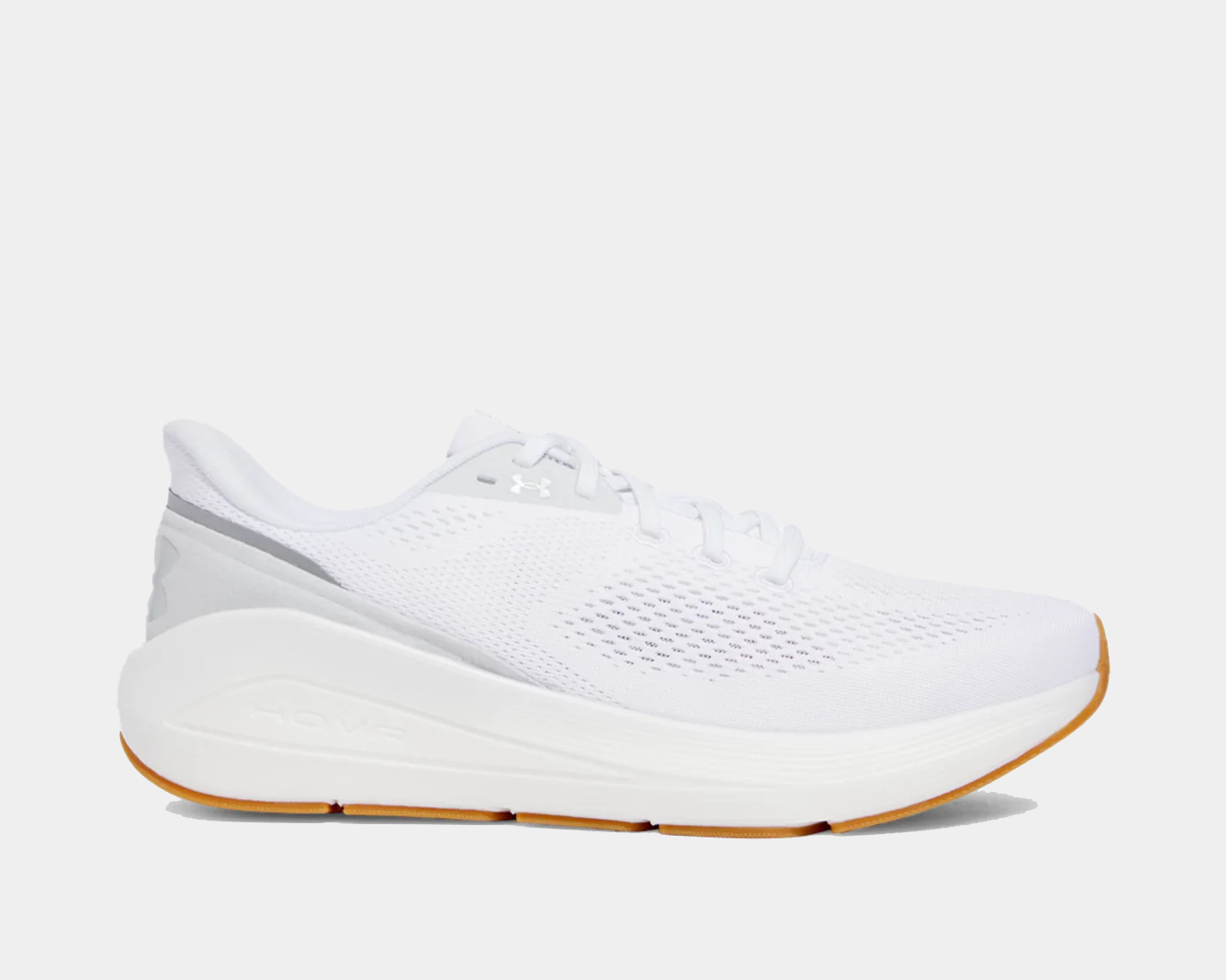 A pair of white Under Armour HOVR Sonic 7 running shoes with lace-up closure and white detailing.