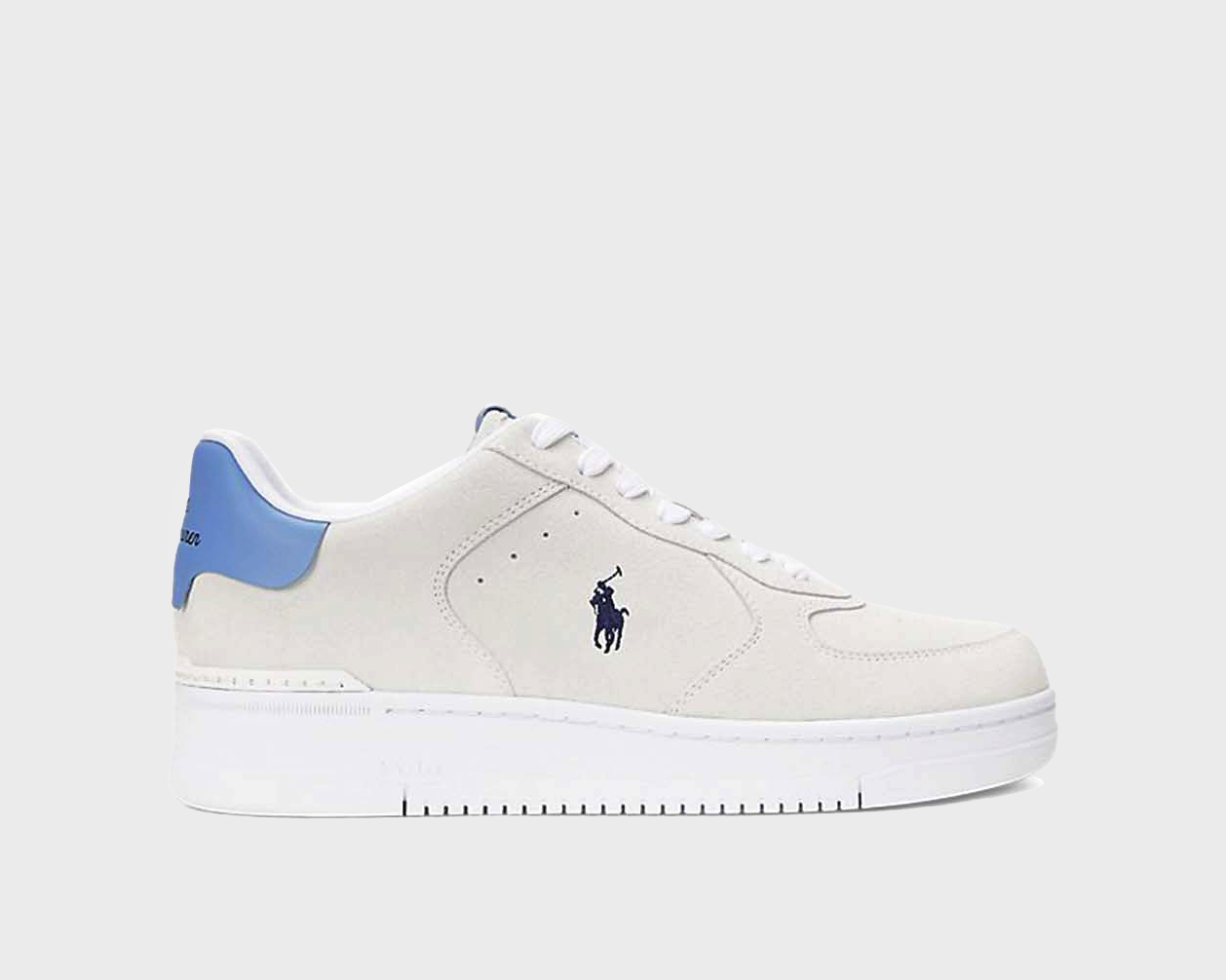 White sneaker with blue heel and Polo Ralph Lauren logo.