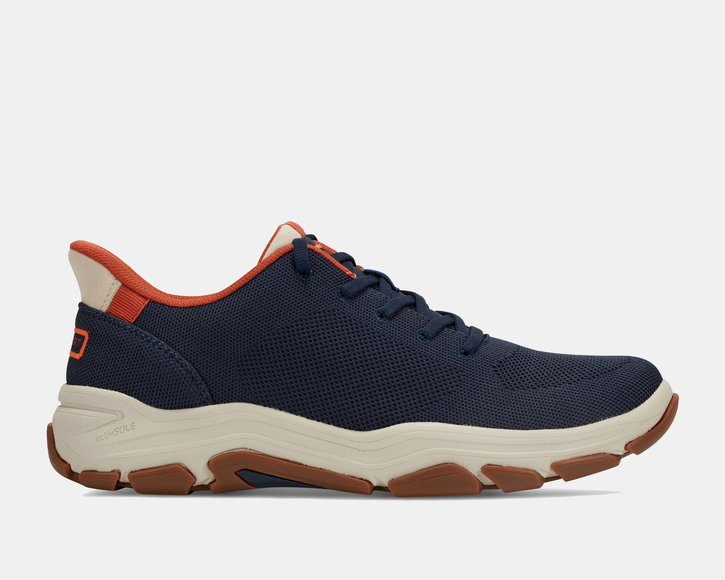 A pair of navy blue casual sneakers with orange accents, featuring a lace-up closure and a thick sole.