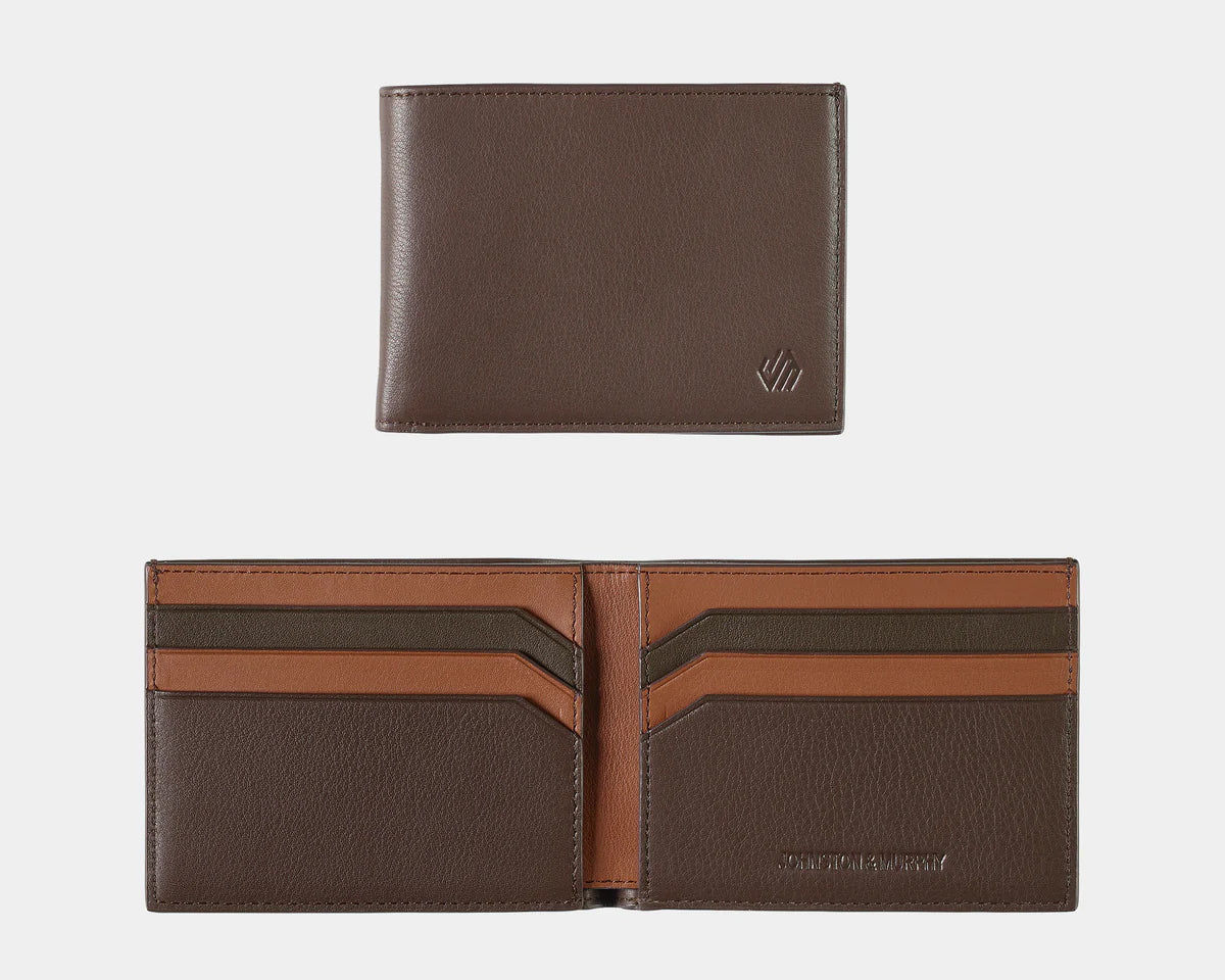 A brown Billfold Wallet made of nappa leather, displayed both inside and out, showing six card slots, a currency pocket, and RFID blocking shield.