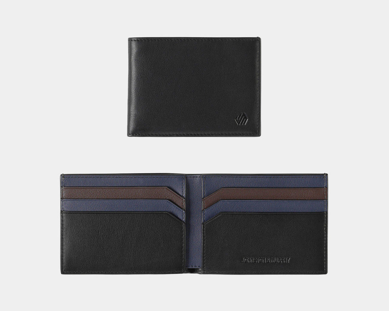 A black Billfold Wallet made of nappa leather, displayed both inside and out, showing six card slots, a currency pocket, and RFID blocking shield.