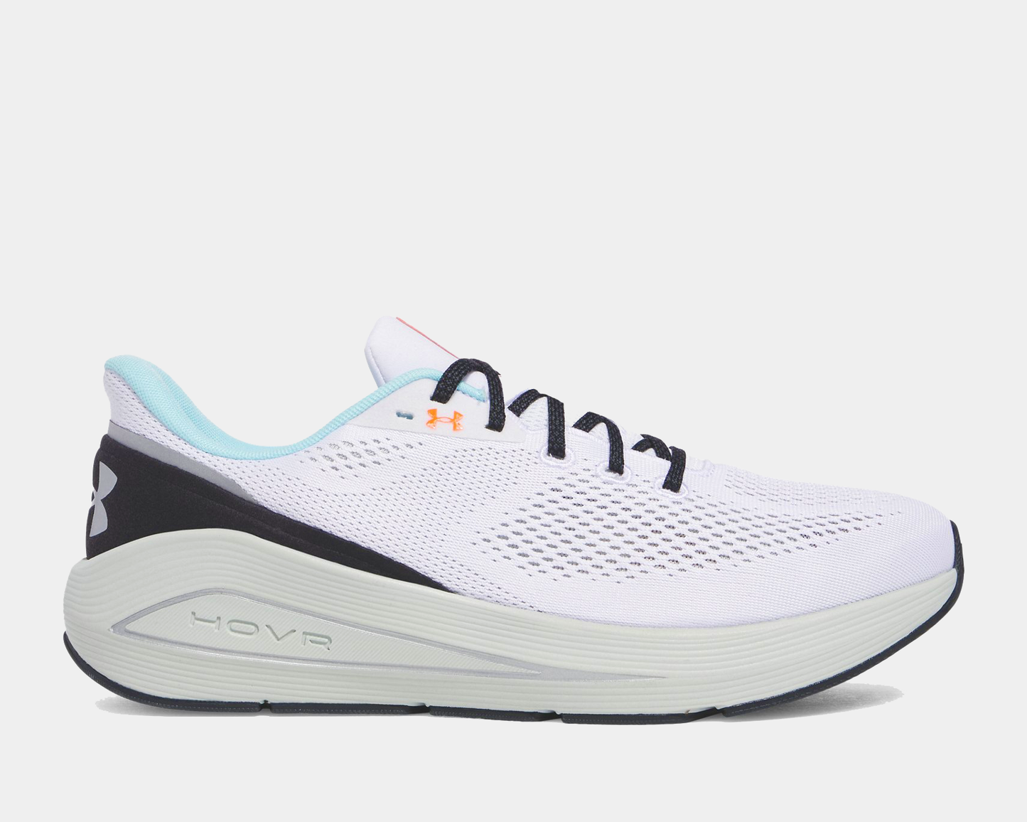 A pair of white Under Armour HOVR Sonic 7 running shoes with lace-up closure and white detailing.