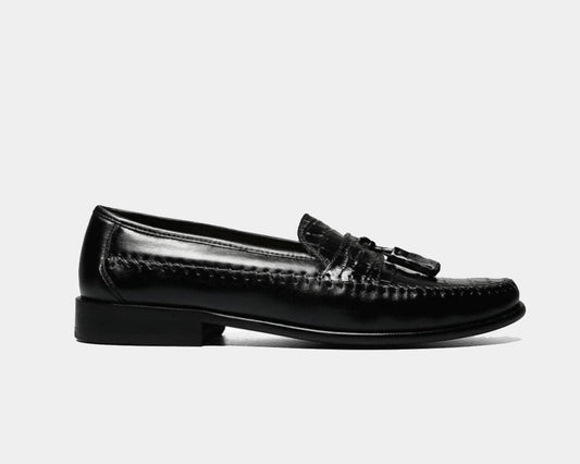 A black Moc Toe Tassel Loafer with a leather upper and a non-leather sole.