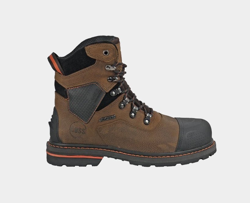 A brown, lace-up, soft toe work boot with a rubber outsole.