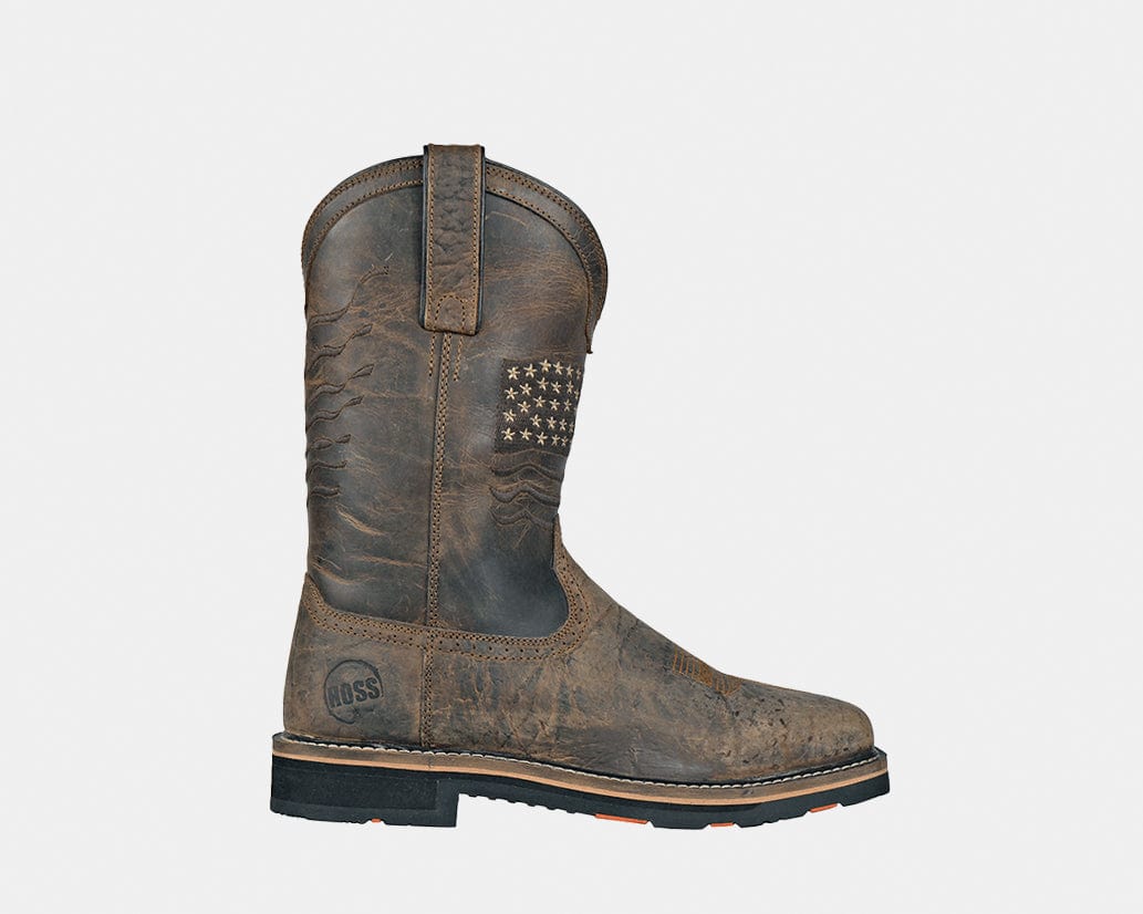 A brown full-grain cow rancher vamp with leather shaft western boot featuring pull handles and a square toe.