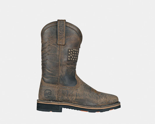 A brown full-grain cow rancher vamp with leather shaft western boot featuring pull handles and a square toe.
