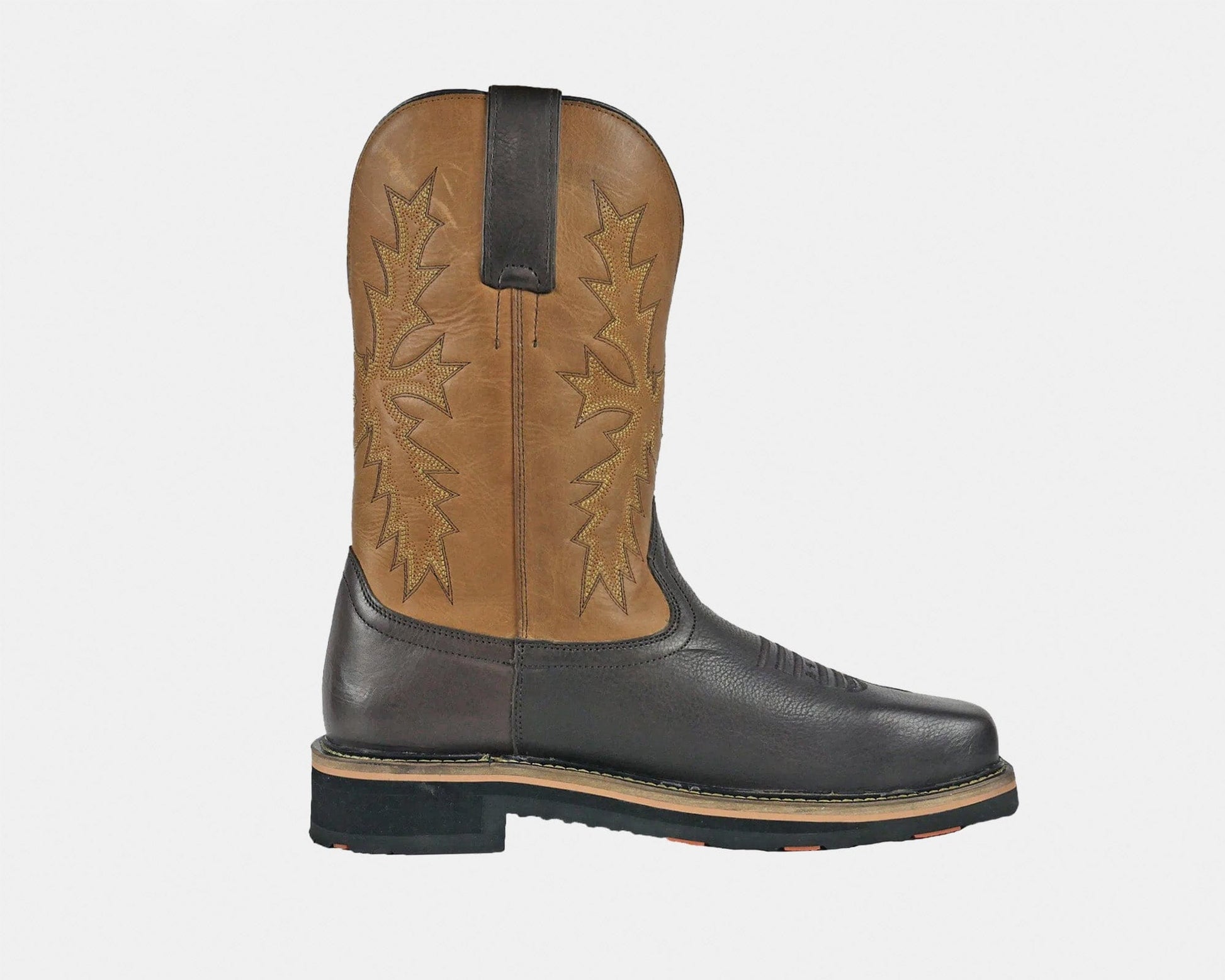 A brown Landon soft toe cowboy boot with pull handles and a square toe box.