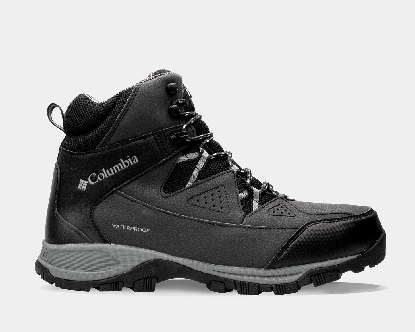 A black and gray Columbia Liftop III boot with a waterproof design, lace-up closure, and branding on the side.