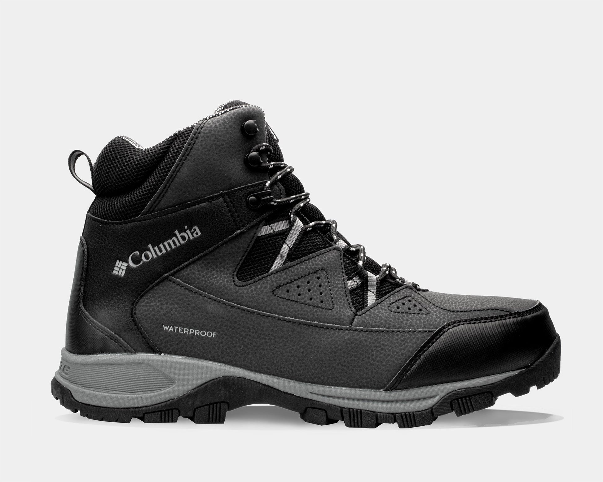 A black and gray Columbia Liftop III boot with a waterproof design, lace-up closure, and branding on the side.