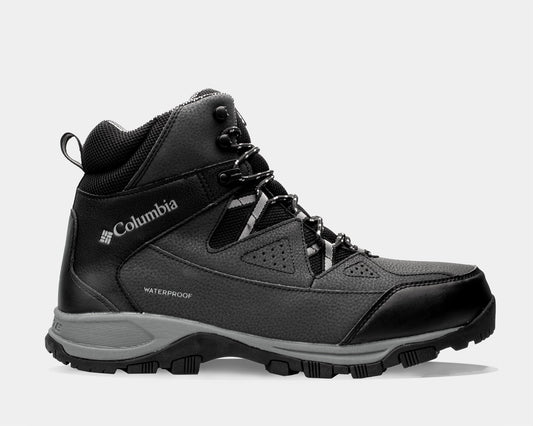 A black and gray Columbia Liftop III boot with a waterproof design, lace-up closure, and branding on the side.