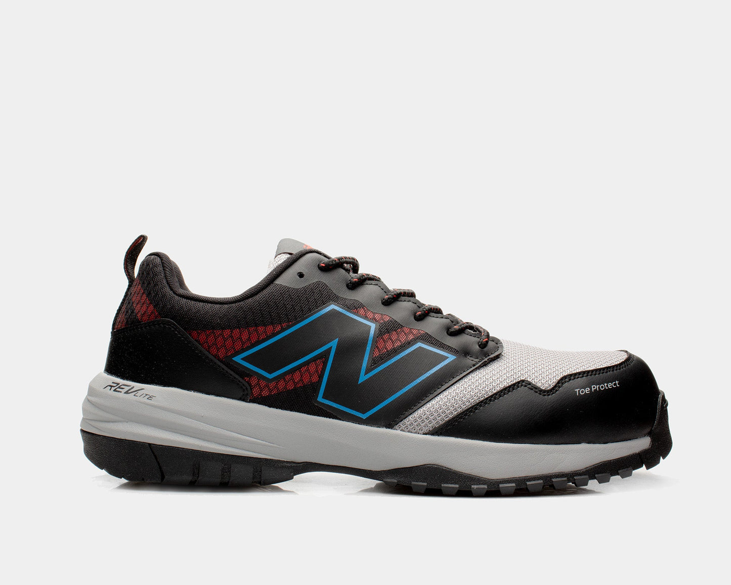 A black and red with white sole New Balance safety shoe with lace-up closure, featuring a composite toe and slip-resistant outsole.