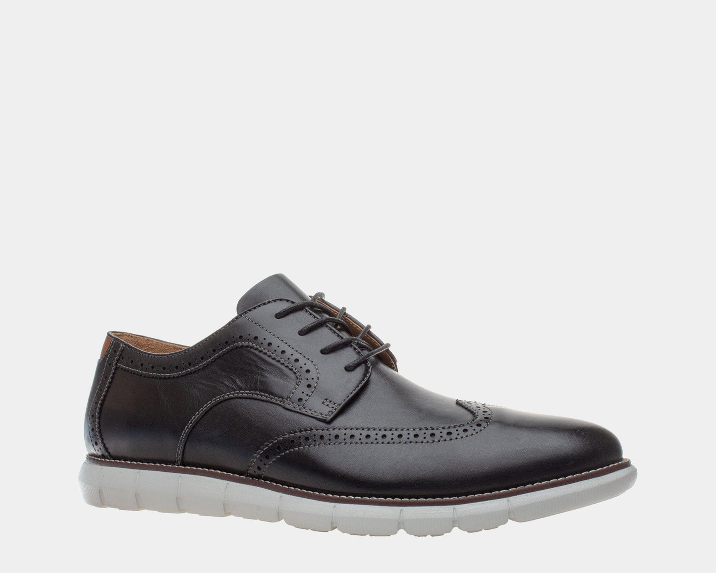 A black, wingtip style dress shoe with lace-up closure, featuring a leather upper and a flexible EVA sole.