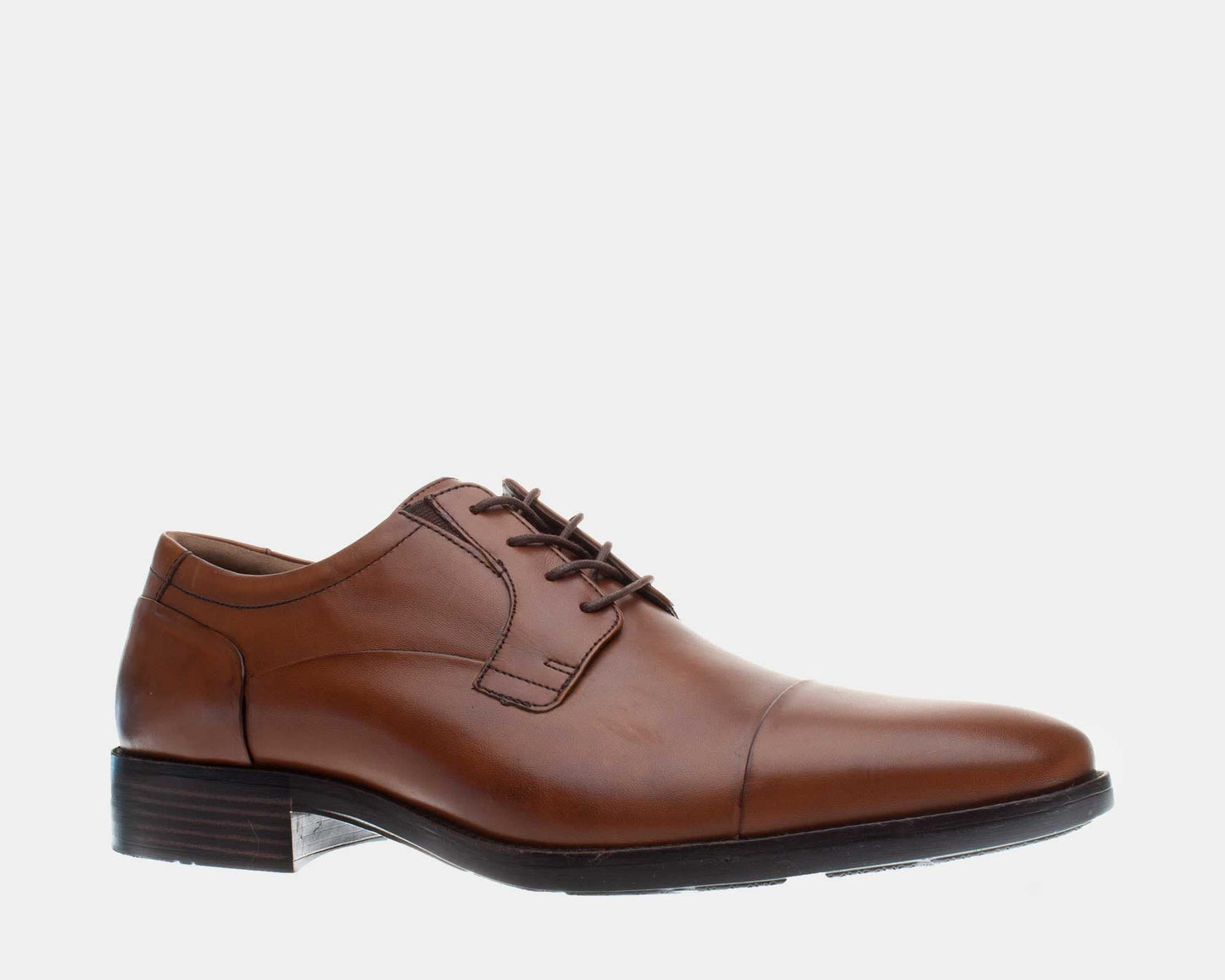 A brown leather cap toe Oxford shoe with a cushioned footbed and rubber outsole.