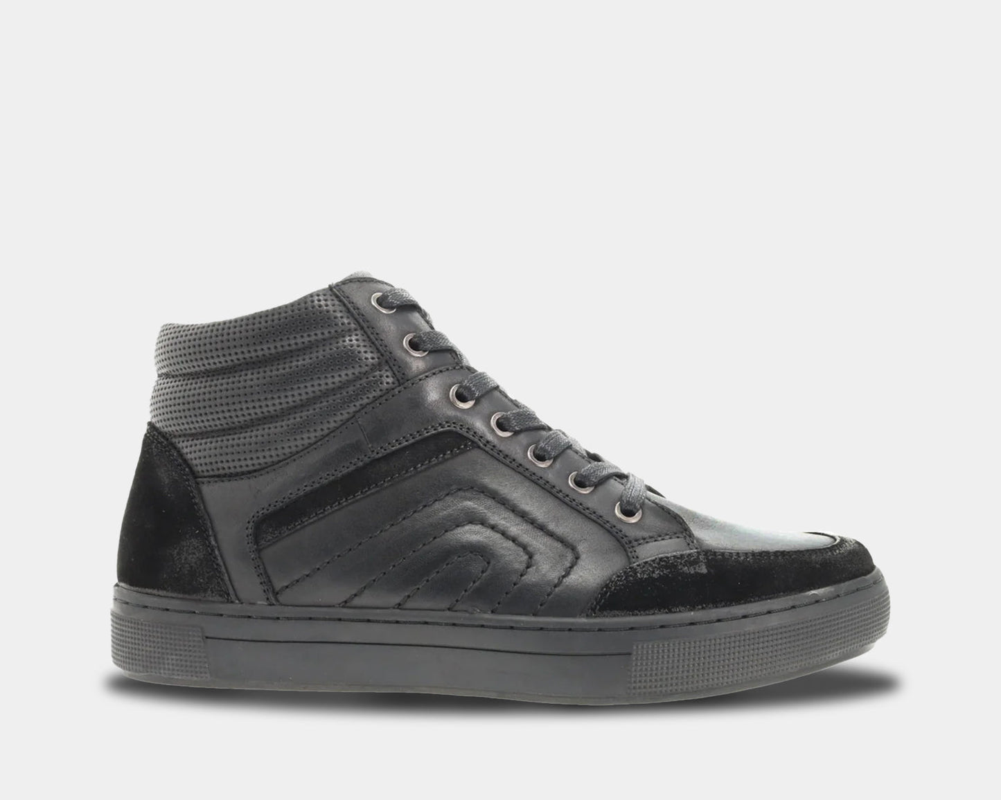 An all black leather and suede high-top sneaker with a zipper on the inside.