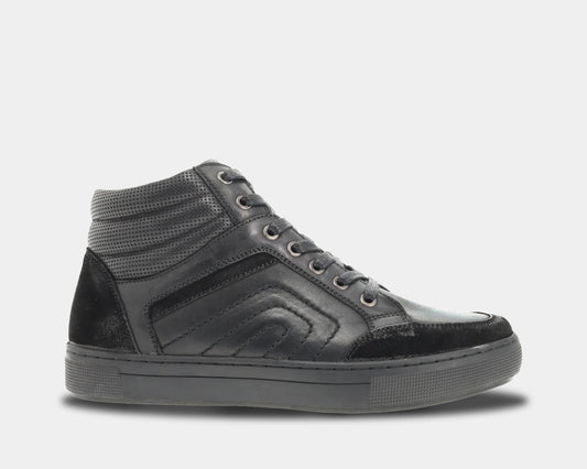 An all black leather and suede high-top sneaker with a zipper on the inside.