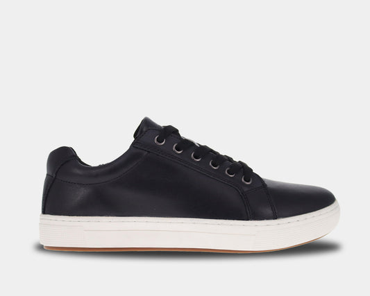 A classic black leather sneaker with a lace-up design, showcasing the upper, insole, and outsole.
