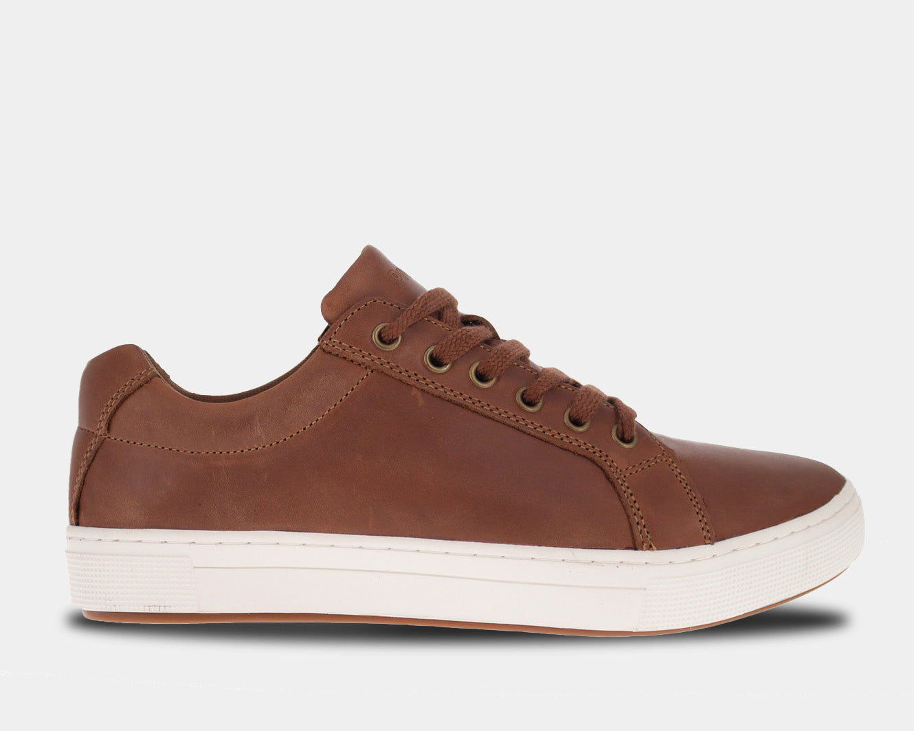 A classic tan leather sneaker with a lace-up design, showcasing the upper, insole, and outsole.