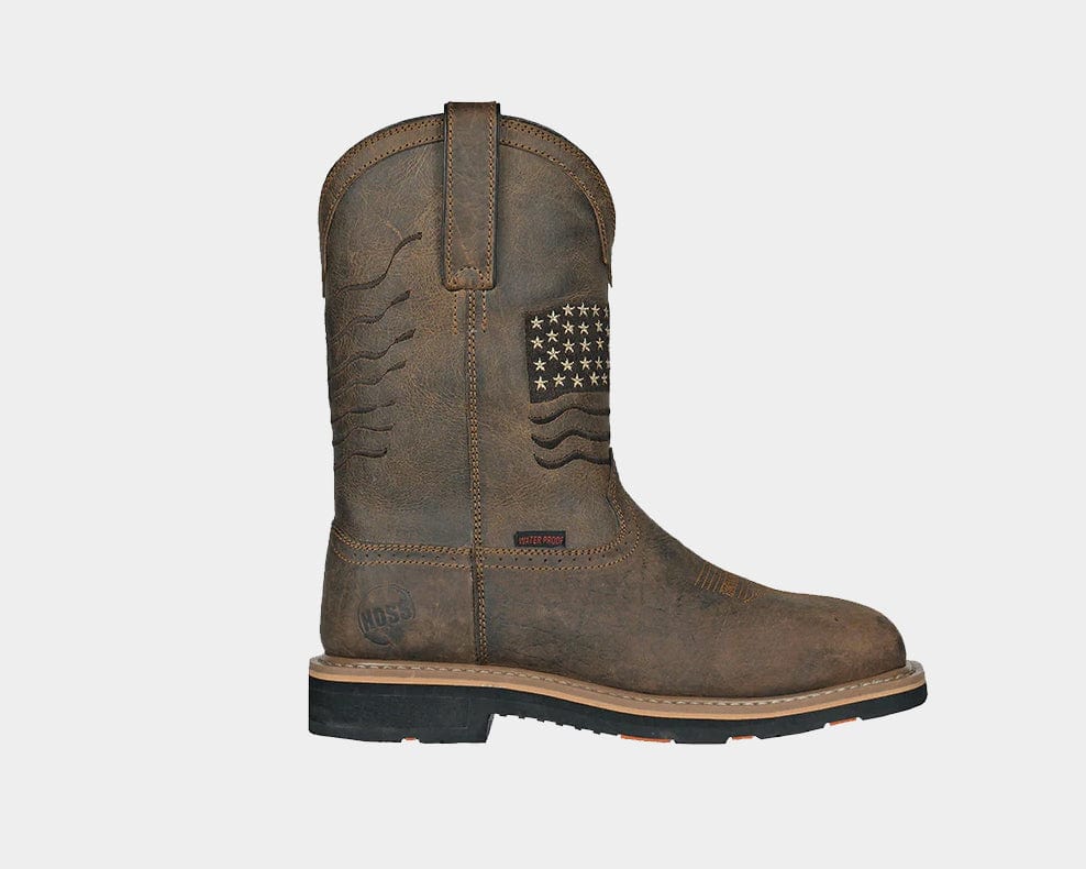 A brown composite toe western boot with pull handles and a decorative star on the shaft.