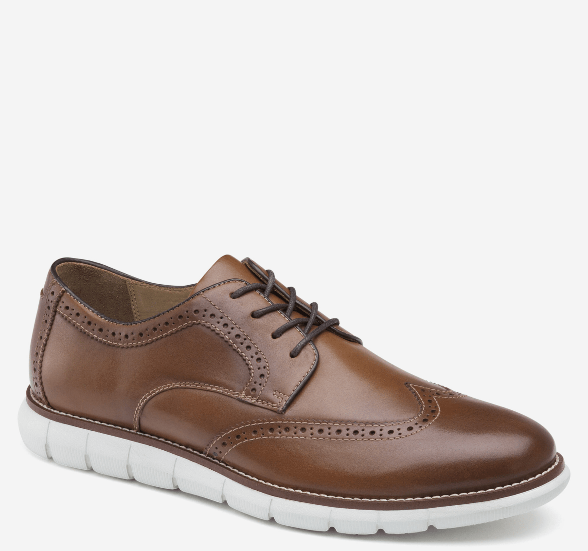 A brown, wingtip style dress shoe with lace-up closure, featuring a leather upper and a flexible EVA sole.