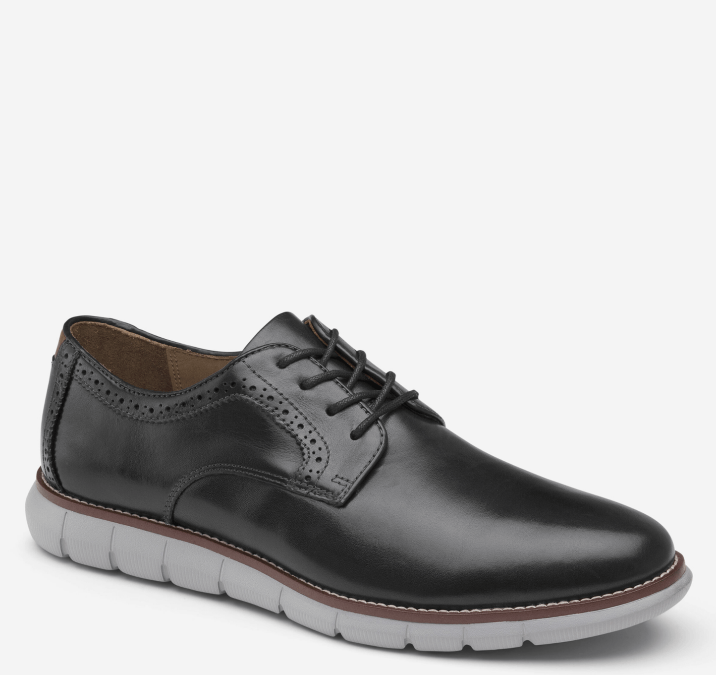 A black, leather Oxford shoe with a rubber sole, featuring a lace-up closure and a brogue detail on the toe.