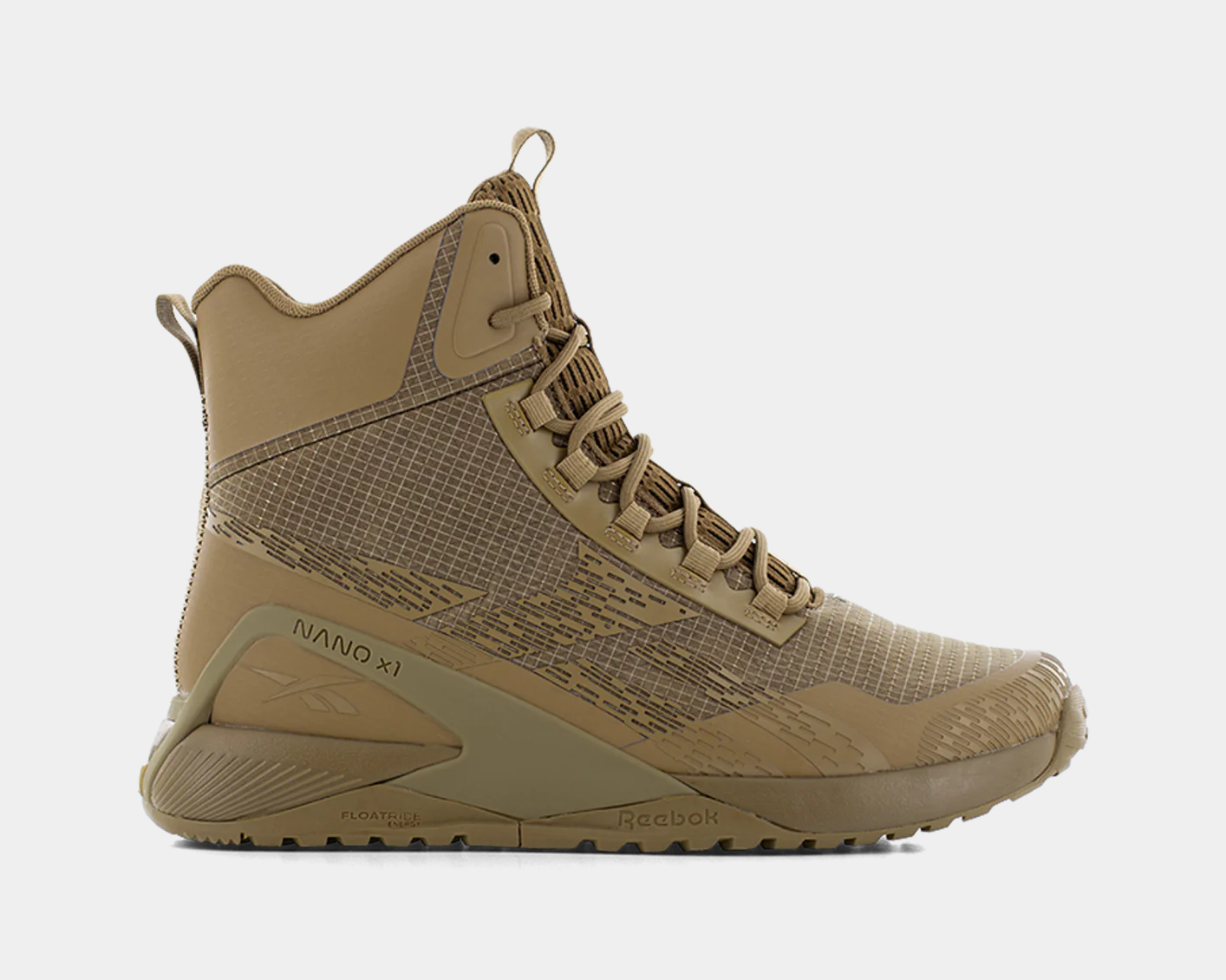 A tan tactical boot with a side zipper and rugged sole designed for outdoor activities.