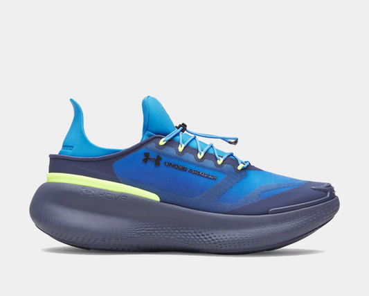 Blue and gray athletic shoe with Under Armour branding on a light gray background