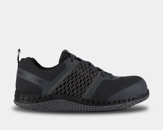 A black work shoe with a composite toe, featuring an Ultraknit upper and a rubber outsole with traction lugs.