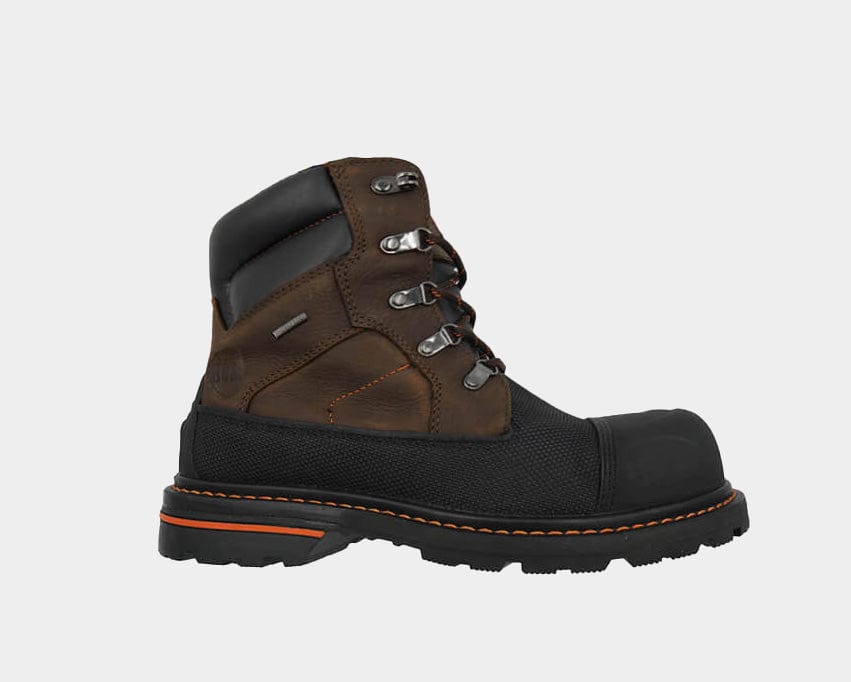 A brown 6 inch boot with a composite safety toe with a black and orange sole.