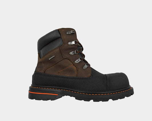 A brown 6 inch boot with a composite safety toe with a black and orange sole.