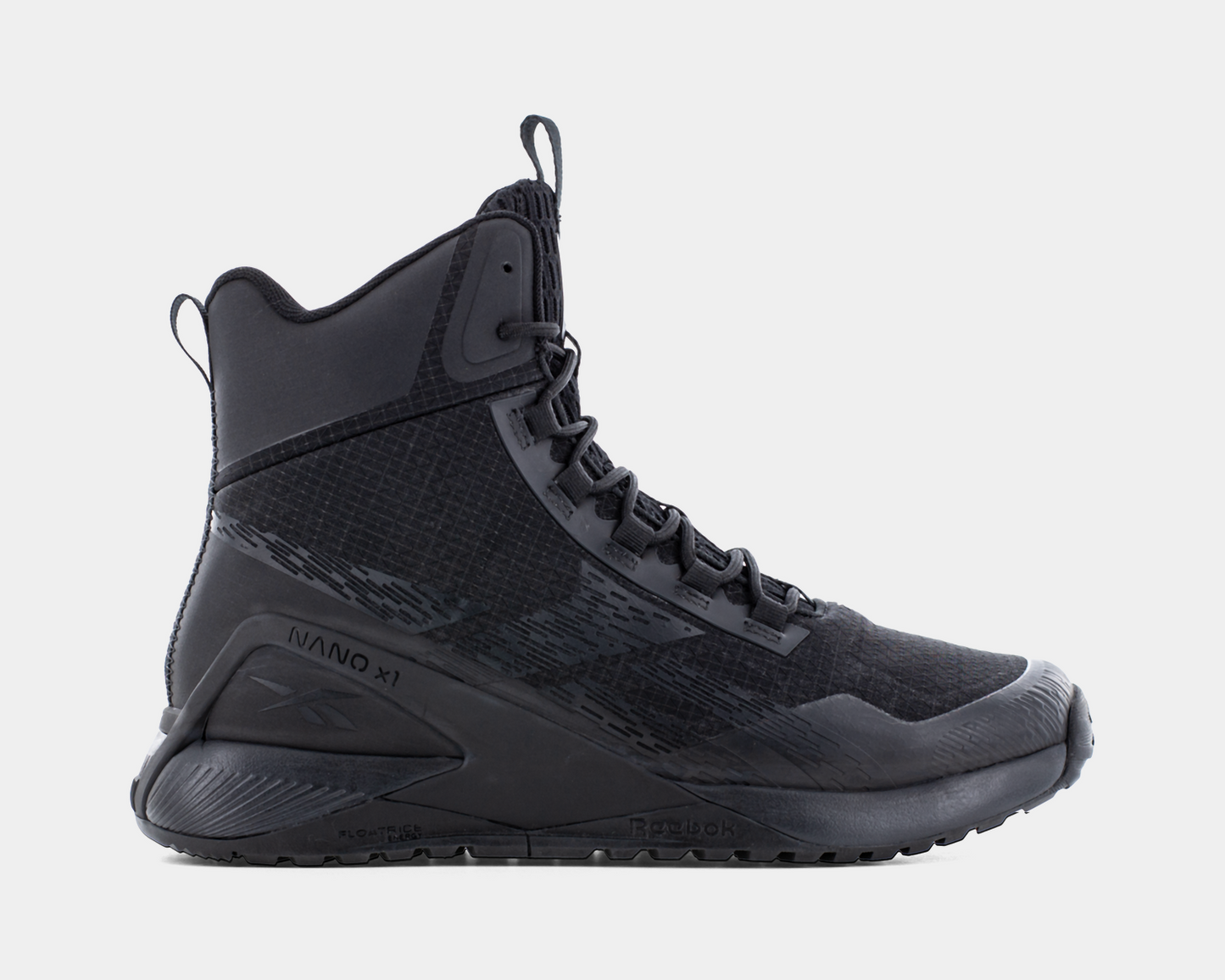 A black tactical boot with a side zipper and rugged sole designed for outdoor activities.