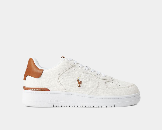 White sneaker with brown accents.