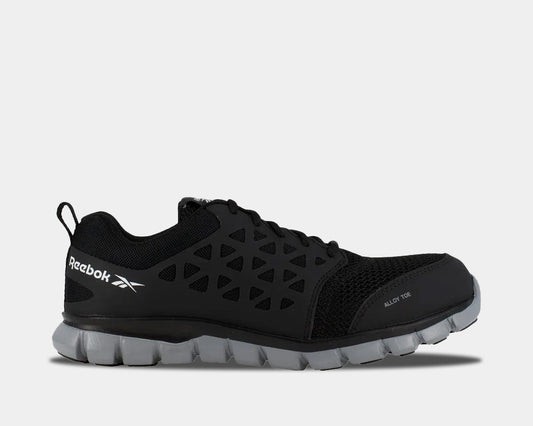 A black work shoe with a low-cut design and alloy toe, featuring a sublite foam midsole for lightweight cushioning.