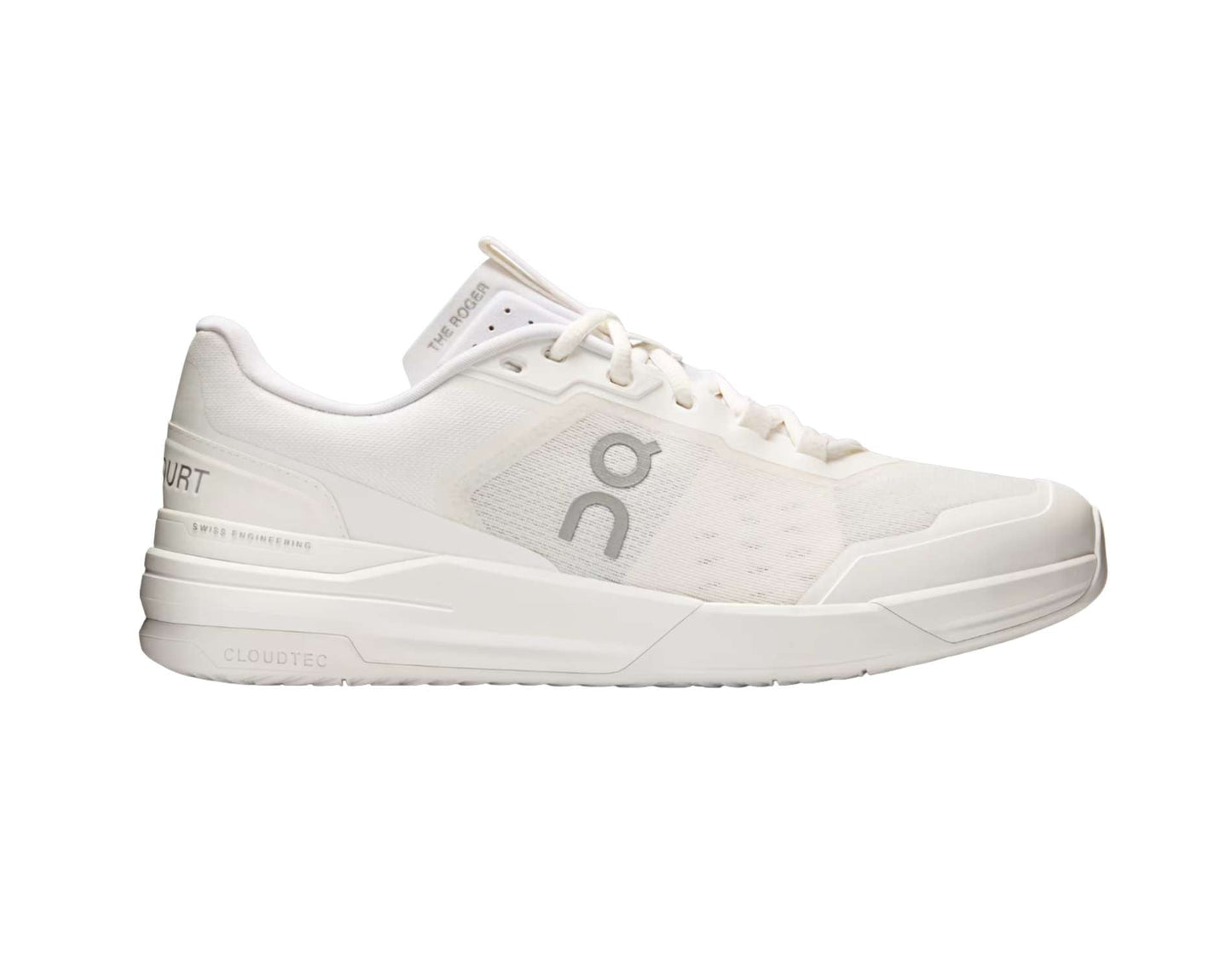 White athletic shoe with brand logo on a white background