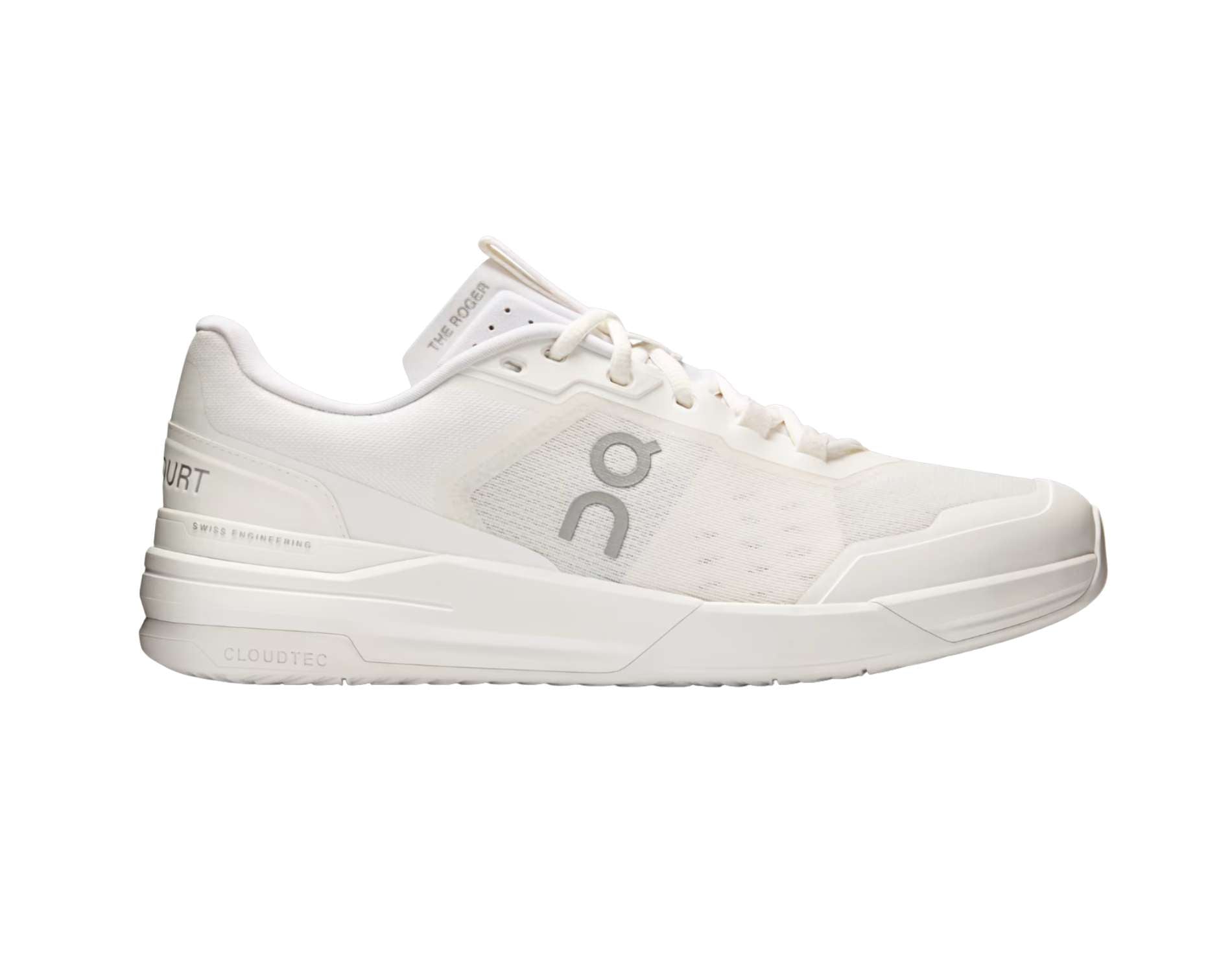 White athletic shoe with brand logo on a white background