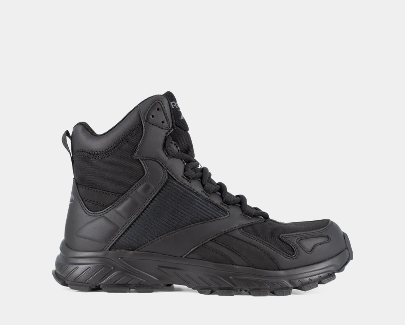 A black tactical trail running boot, designed for stable footing and comfort on rugged terrain.