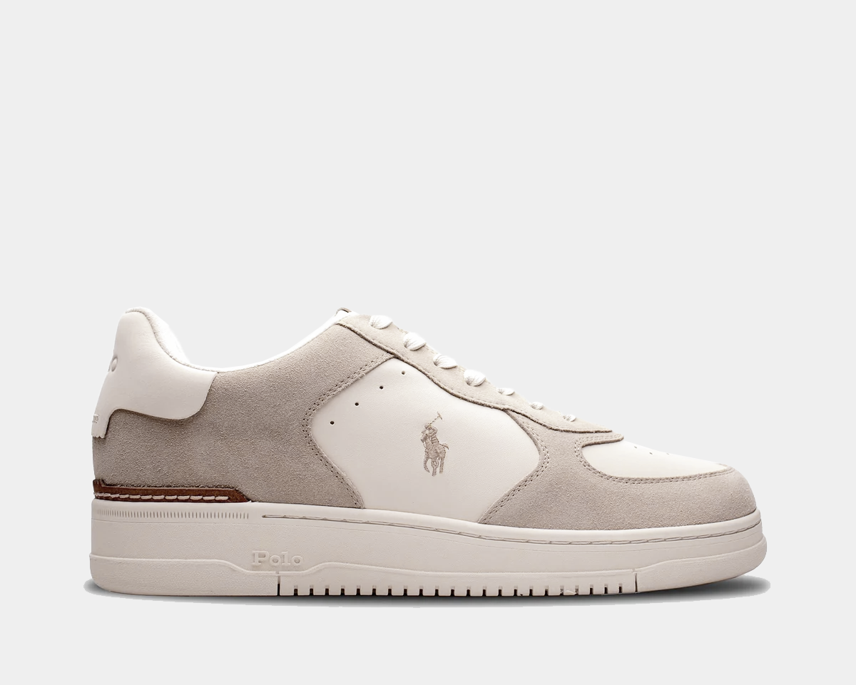 A beige and white low-top sneaker with a leather heel clip, EVA midsole, and a textured rubber outsole, featuring the signature embroidered Pony at the outer side.