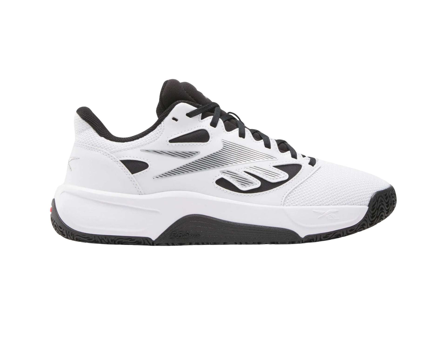 White basketball shoe with black accents on a white background