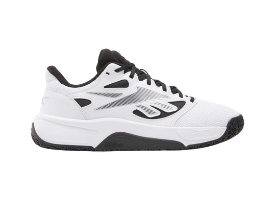 White basketball shoe with black accents on a white background