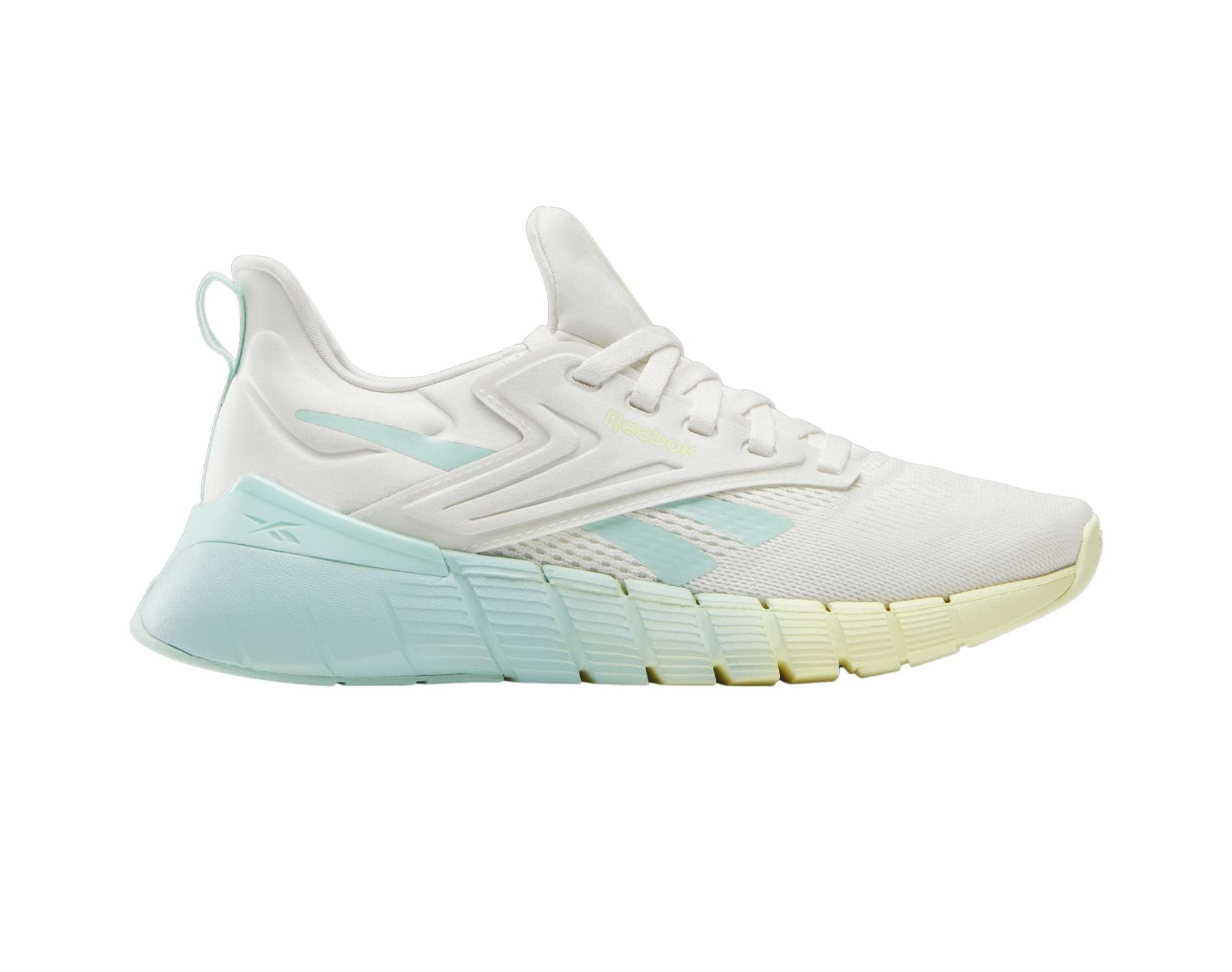 White sneaker with light blue sole on a white background