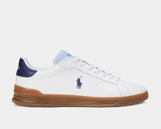 A pair of white 'Heritage Court II' leather sneakers by Polo Ralph Lauren with blue accents and the brand's signature Pony logo embossed on the side.